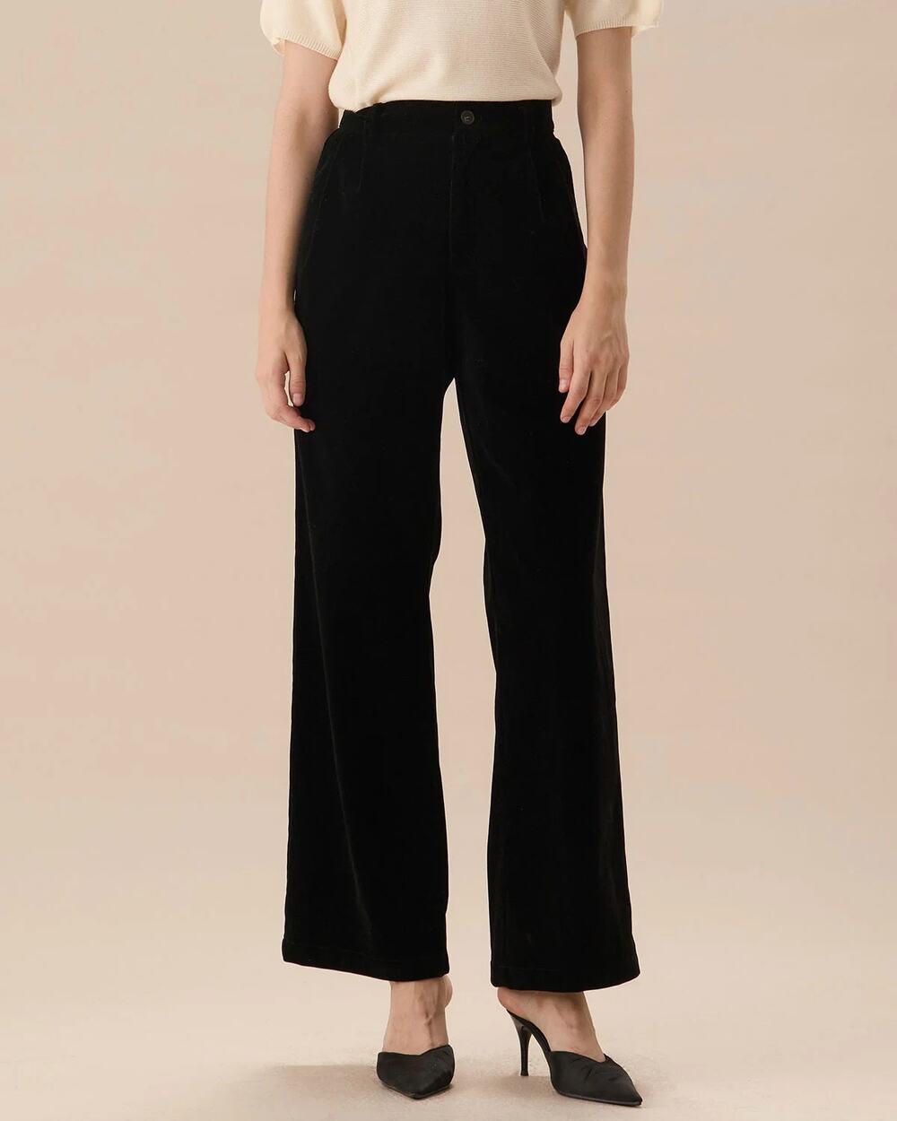 Rihoas LARGE Black Velvet Capsule Wardrobe High-Rise Wide Leg Trouser Pants NWT